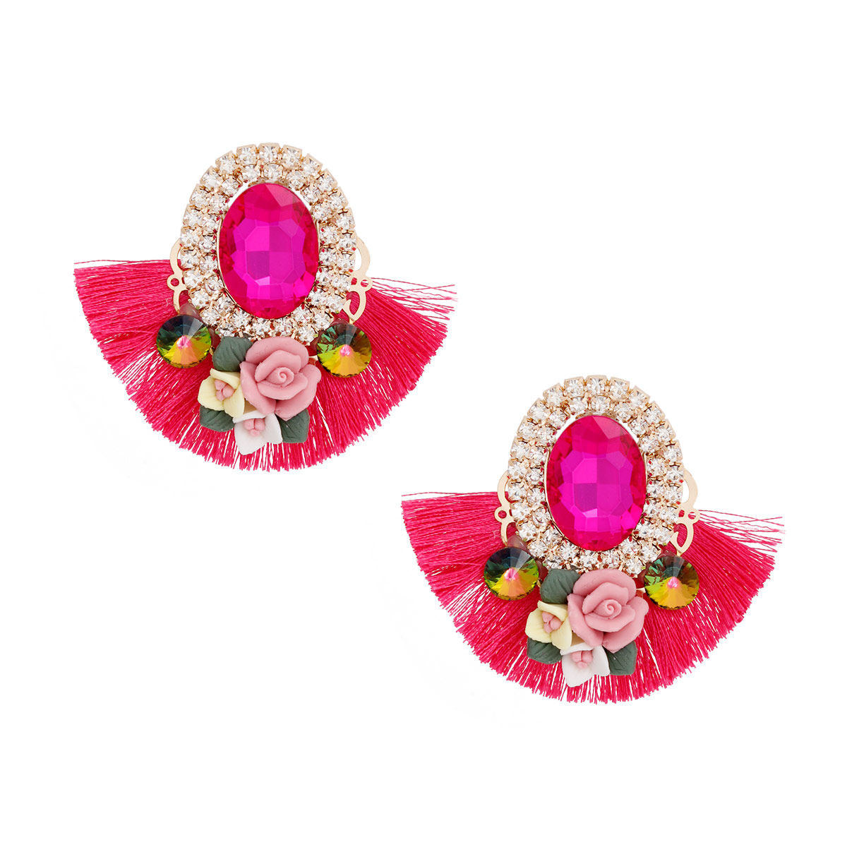 Studs Fuchsia Crystal Fan Tassel Floral Earrings