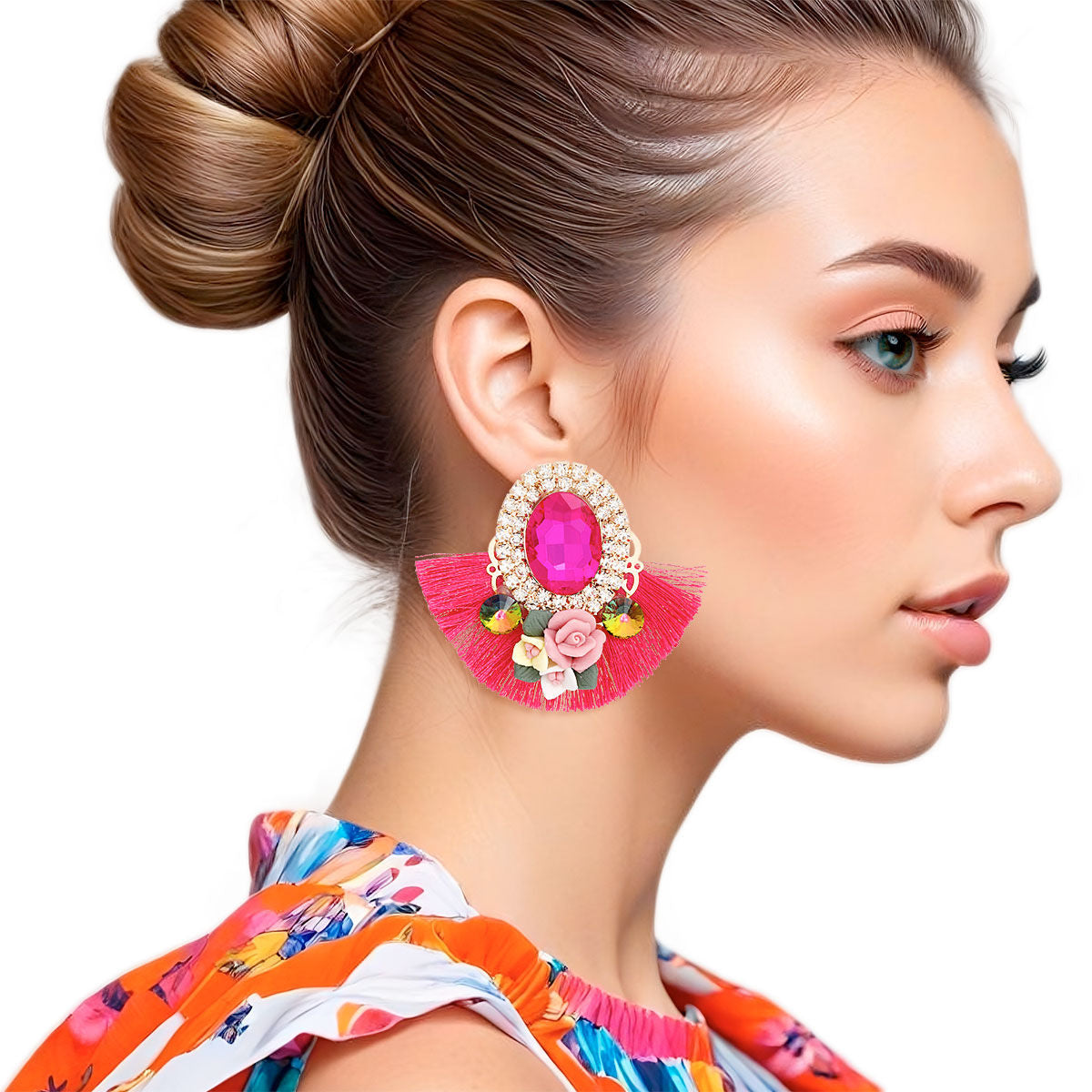 Studs Fuchsia Crystal Fan Tassel Floral Earrings