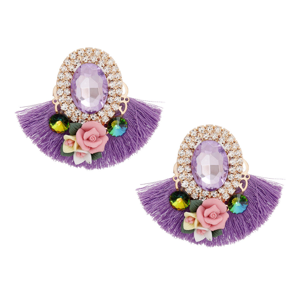 Studs Lavender Crystal Fan Tassel Floral Earrings