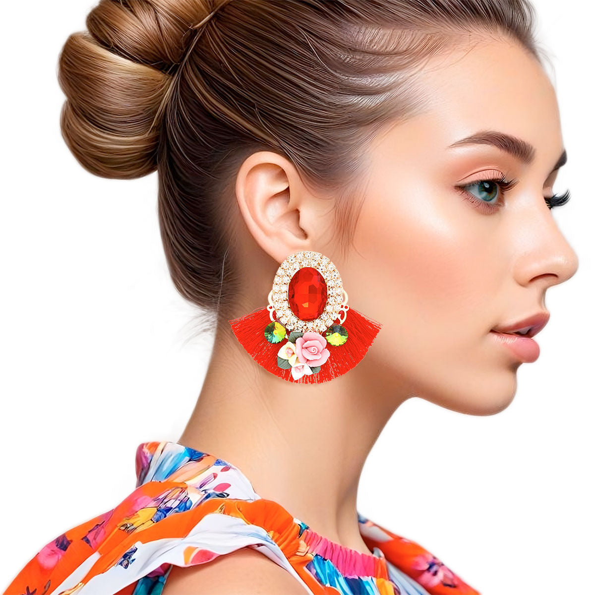 Studs Red Crystal Fan Tassel Floral Earrings