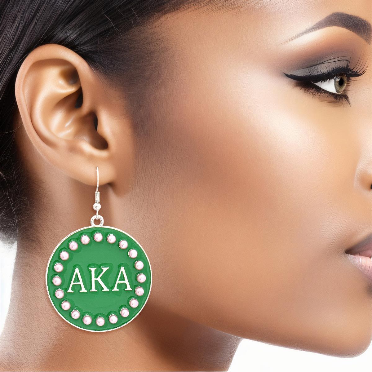 AKA Sorority Round Green Fish Hook Earrings