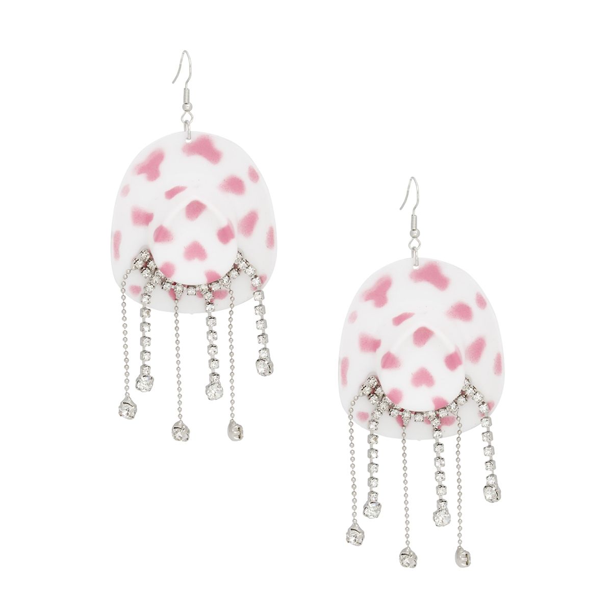Fish Hook White Pink Cowgirl Hat Fringe Earrings