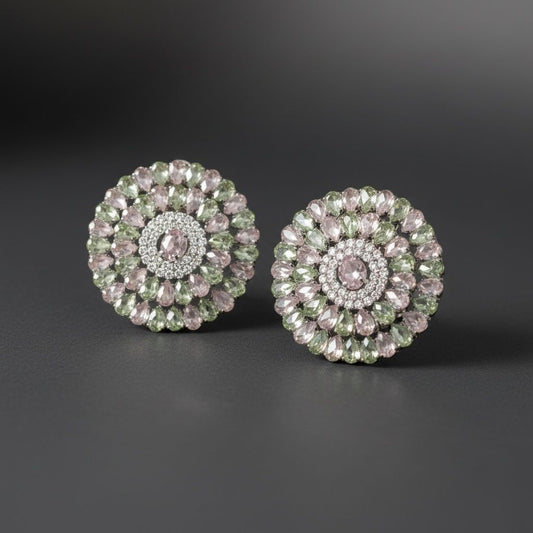 Clip On Pink Green Glass Teardrop Round Earrings