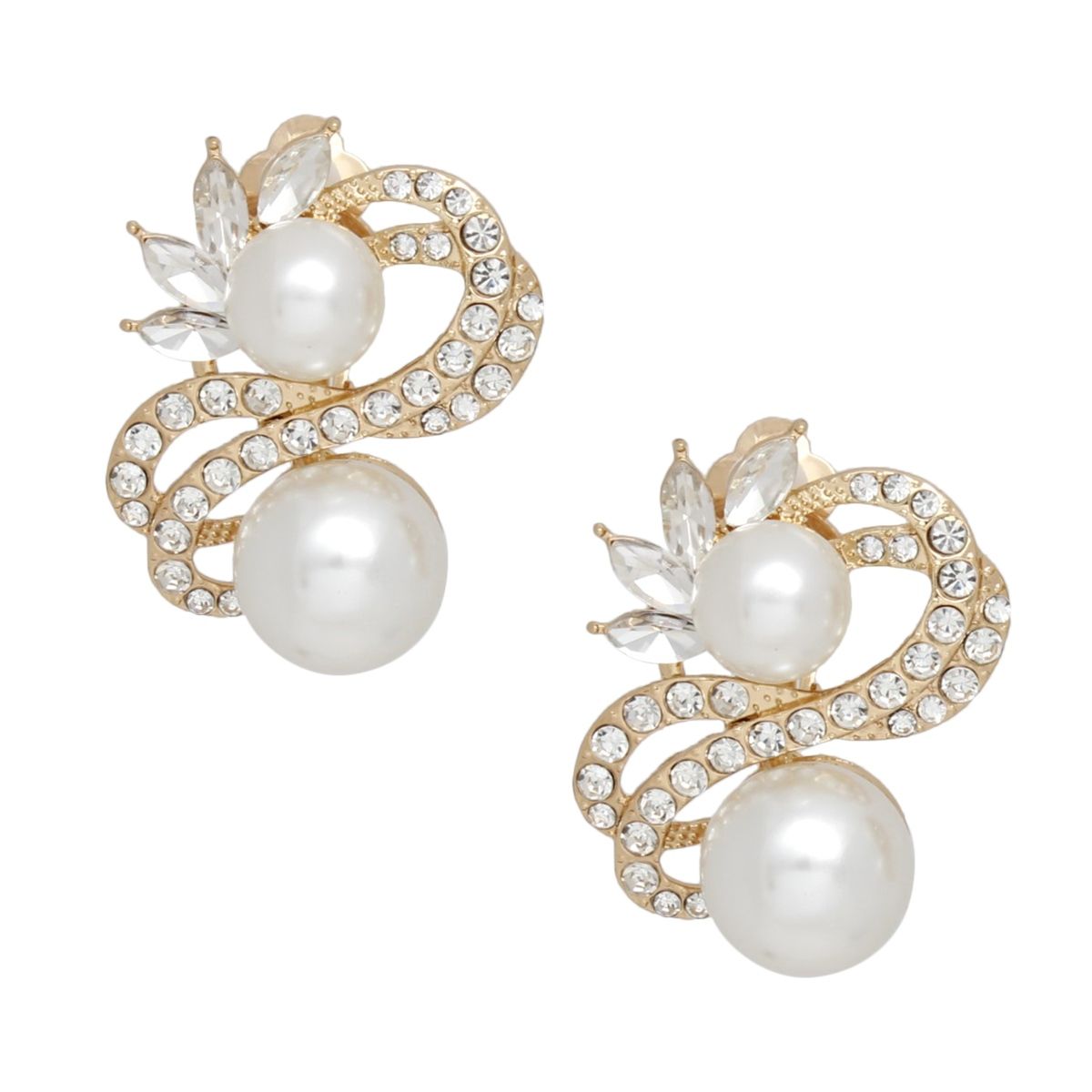 Clip On High End Gold Ribbon Cream Pearl Earrings