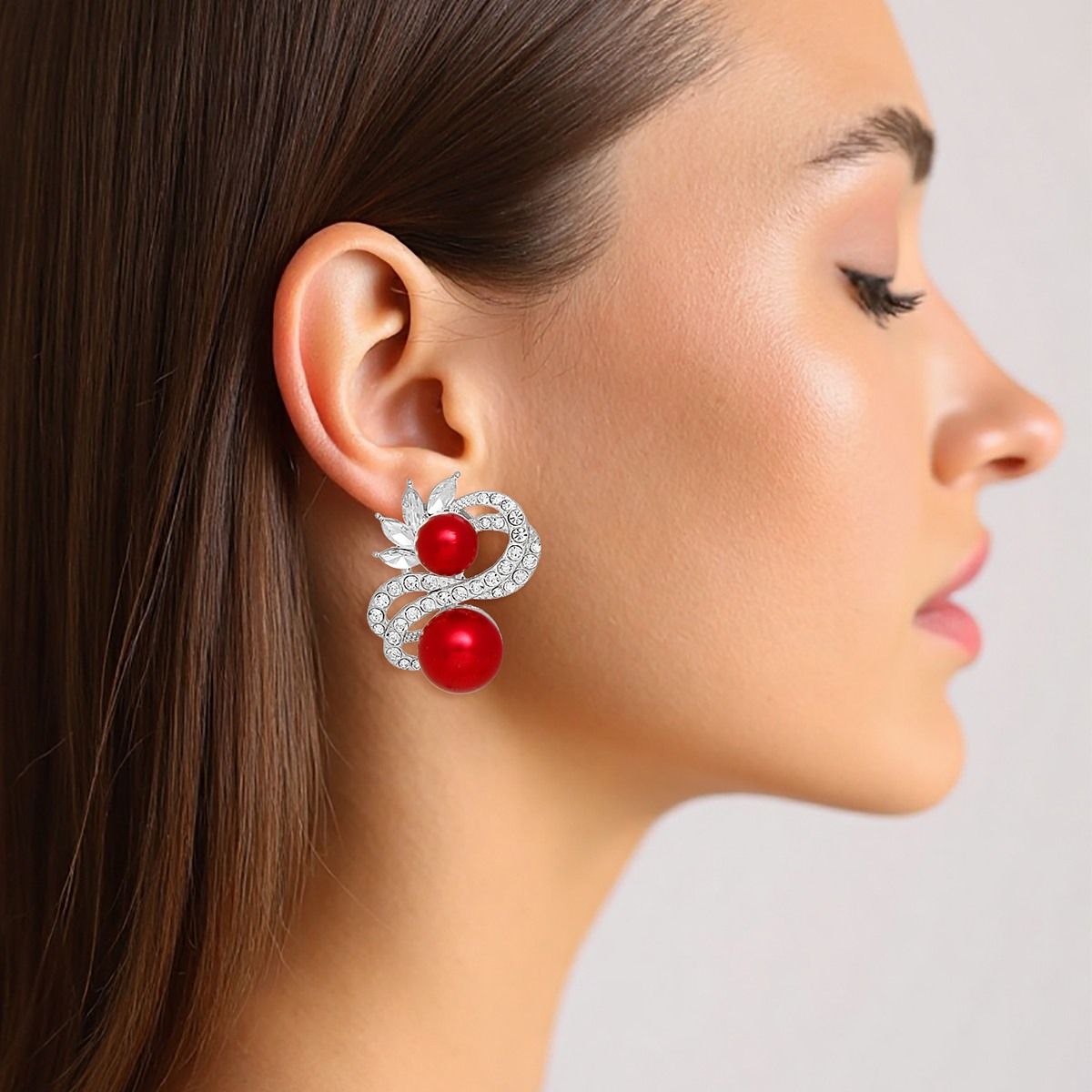 Clip On High End Silver Ribbon Red Pearl Earrings