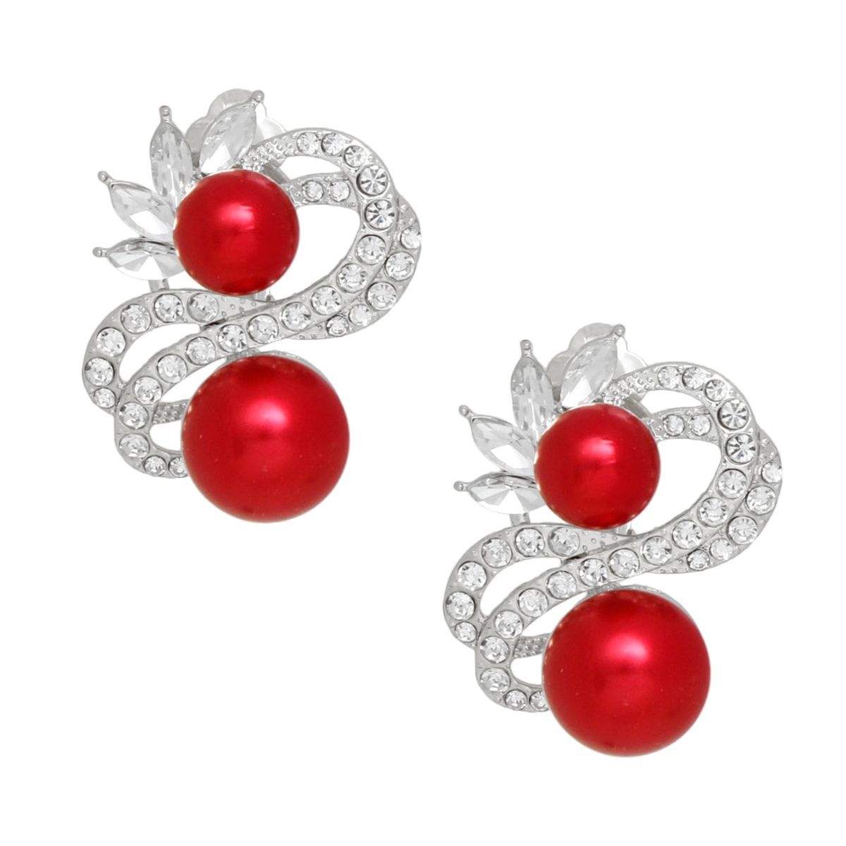 Clip On High End Silver Ribbon Red Pearl Earrings