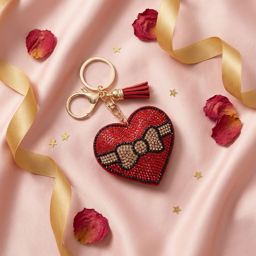 Keychain Red Puffy Bow Heart Sparkle Purse Charm