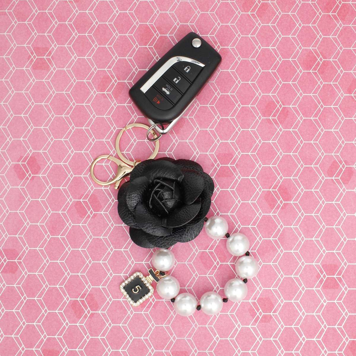 Keychain Black Camellia Pearl Wristlet Bag Clip