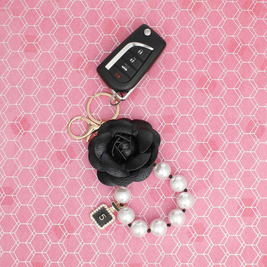 Keychain Black Camellia Pearl Wristlet Bag Clip