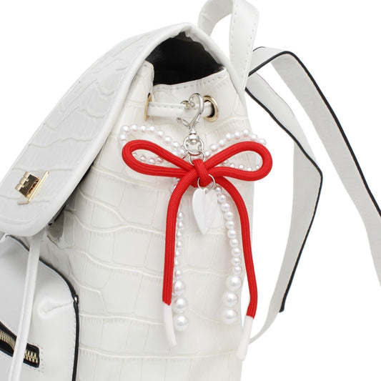 DST White Pearl and Red Cord Bows Heart Bag Clip