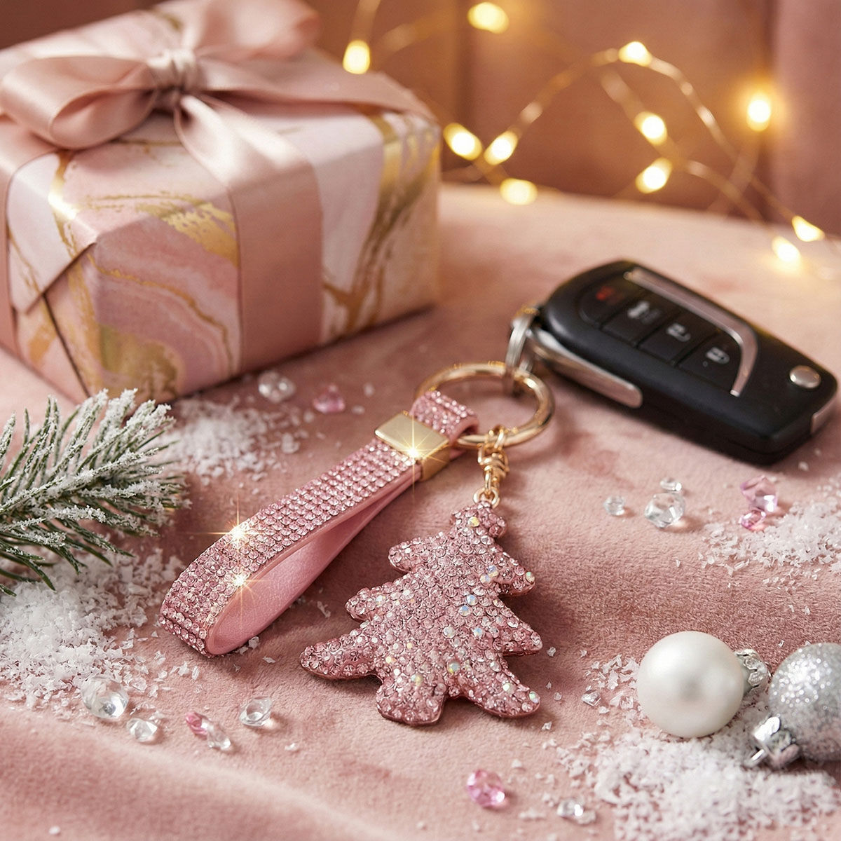 Keychain Pink Shimmery Xmas Tree Purse Charm Clip