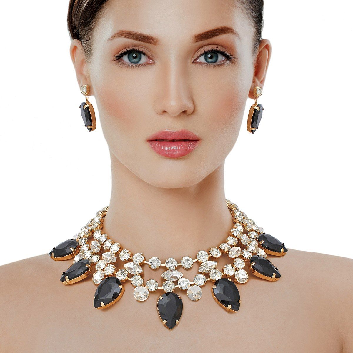 Formal Brilliant Black Teardrop Crystal Necklace