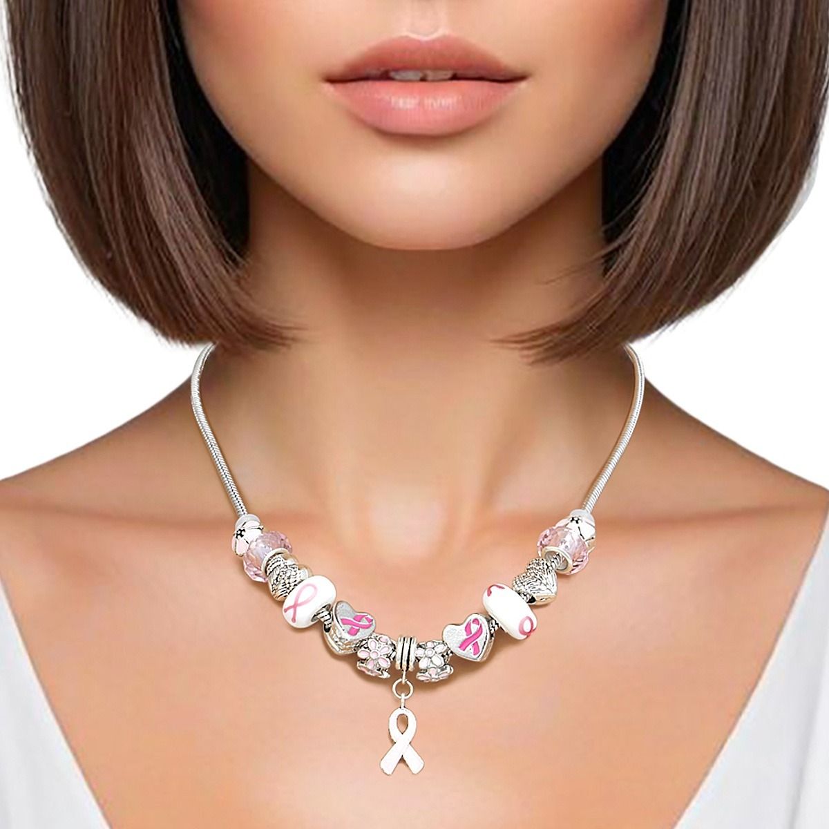 Breast Cancer Silver Hope Ribbon Charm Necklace