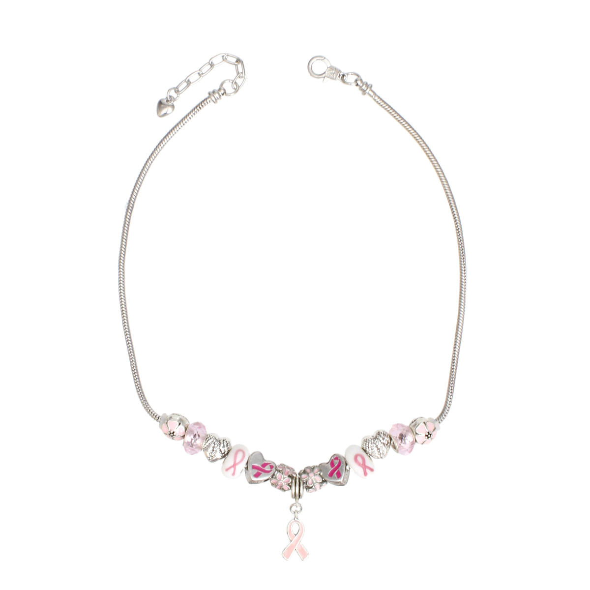 Breast Cancer Silver Hope Ribbon Charm Necklace