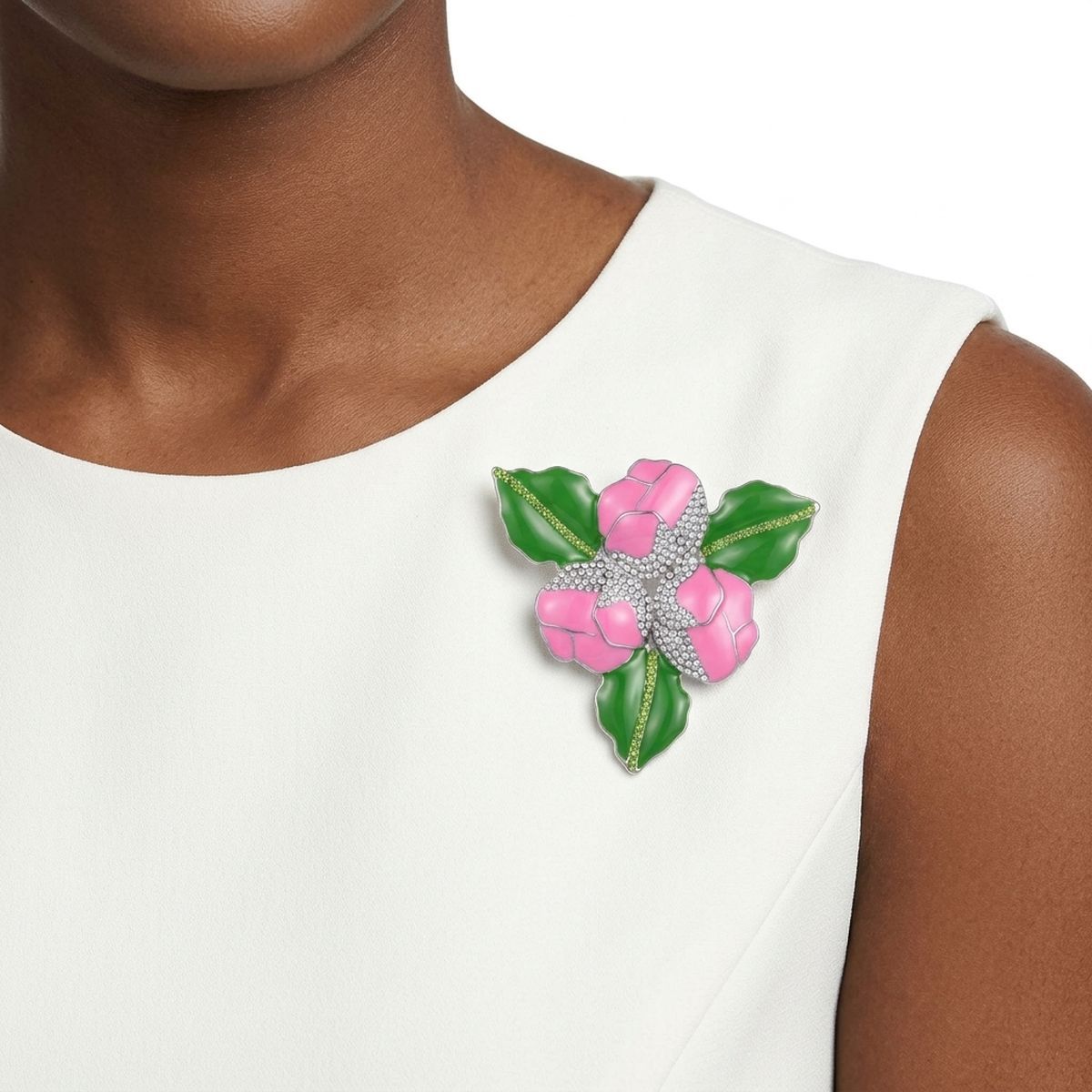 AKA Pink 3 Blossom Green Leaf Brooch Pin