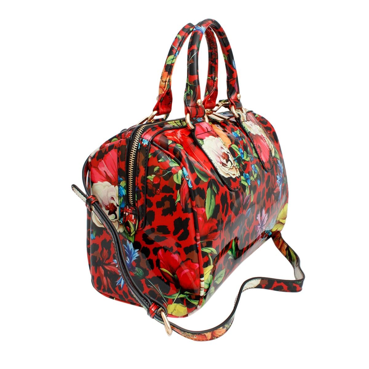 Domed Satchel Red Leopard Boston Bag Handbag Set