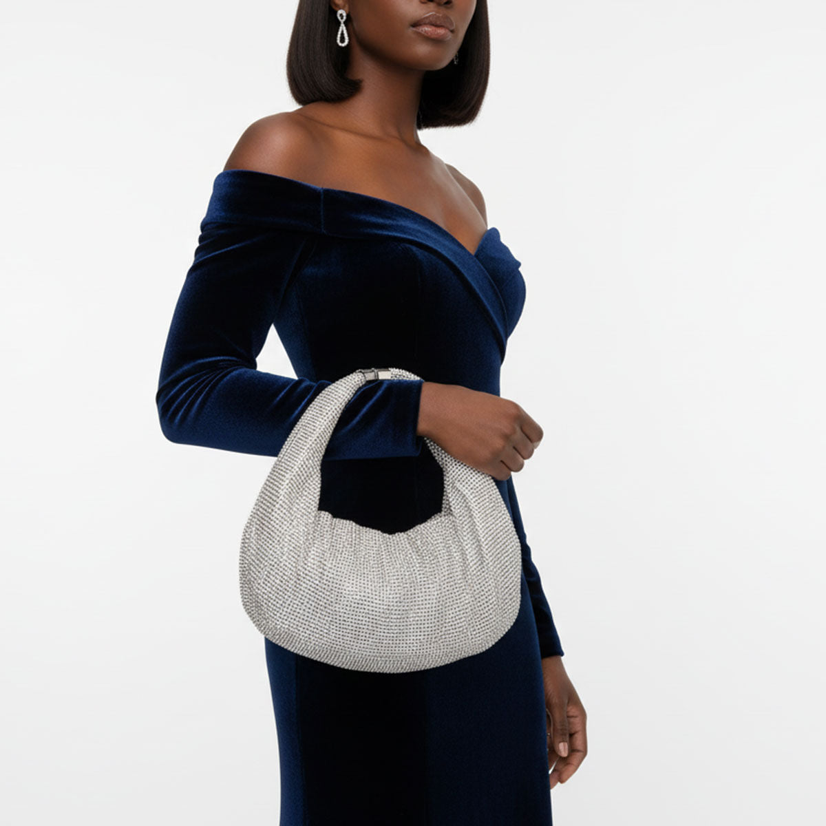Clutch Premium Silver Rhinestone Mesh Hobo Bag