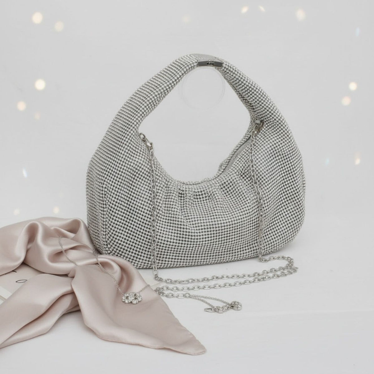 Clutch Premium Silver Rhinestone Mesh Hobo Bag
