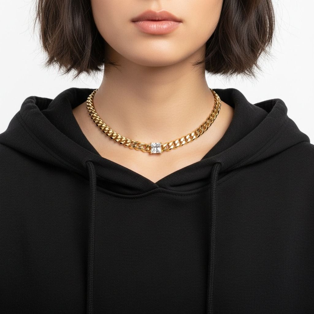 Gold 18K Steel Princess CZ Cuban Chain Necklace