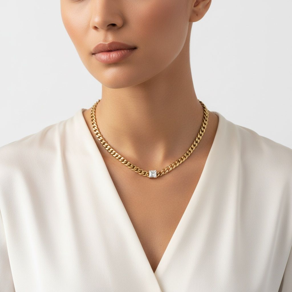 Gold 18K Steel Princess CZ Cuban Chain Necklace
