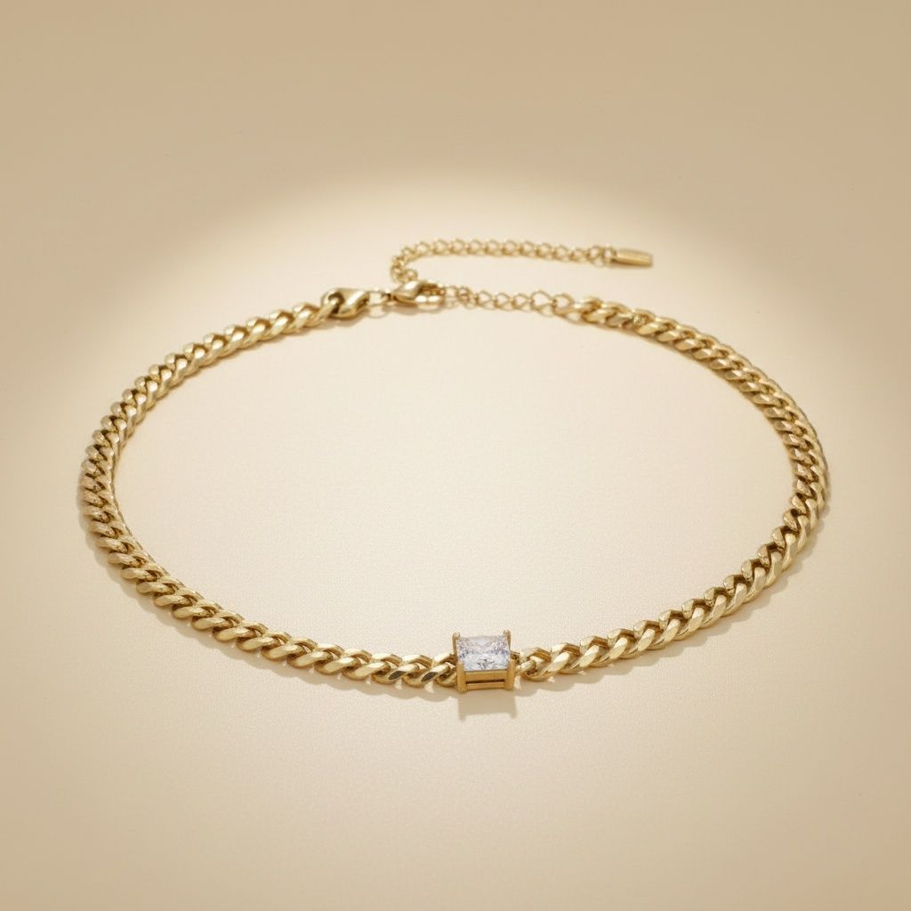 Gold 18K Steel Princess CZ Cuban Chain Necklace