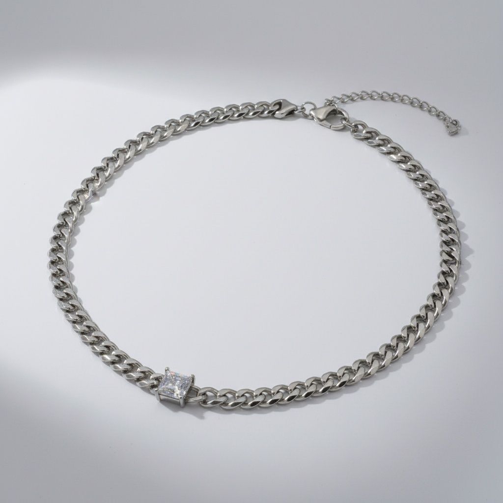 Stainless  Steel Princess CZ Cuban Chain Necklace