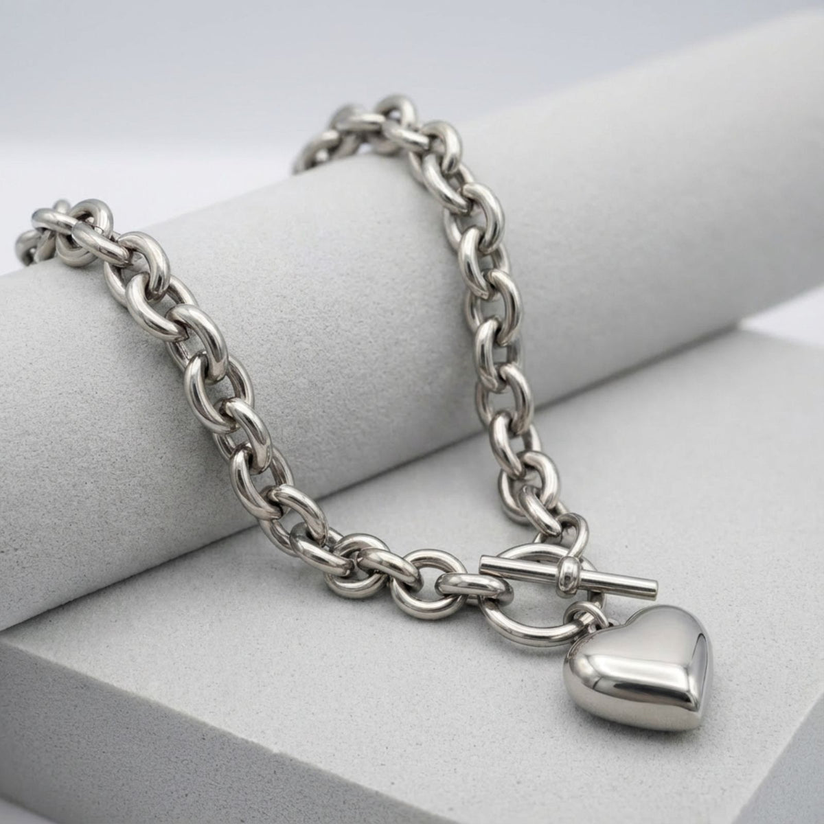 Stainless Steel Toggle Heart Rolo Chain Necklace