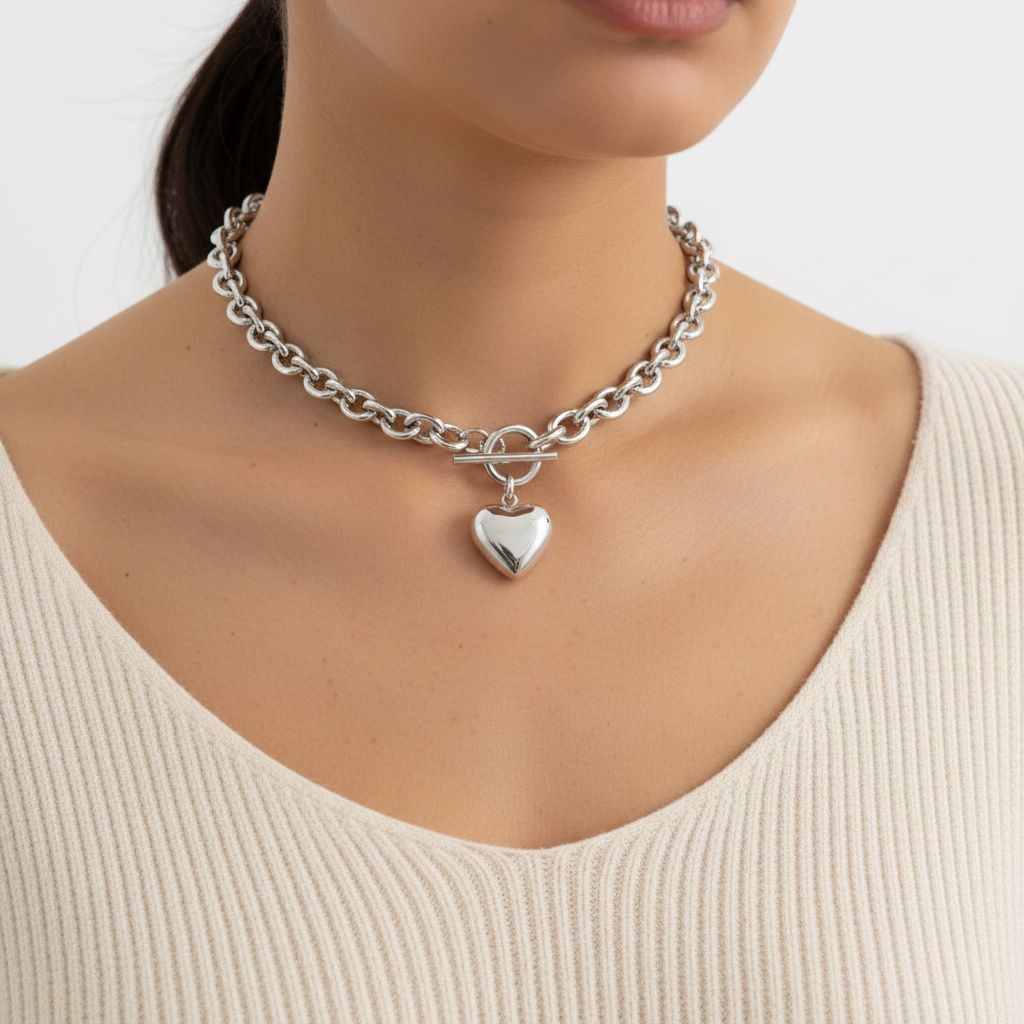 Stainless Steel Toggle Heart Rolo Chain Necklace