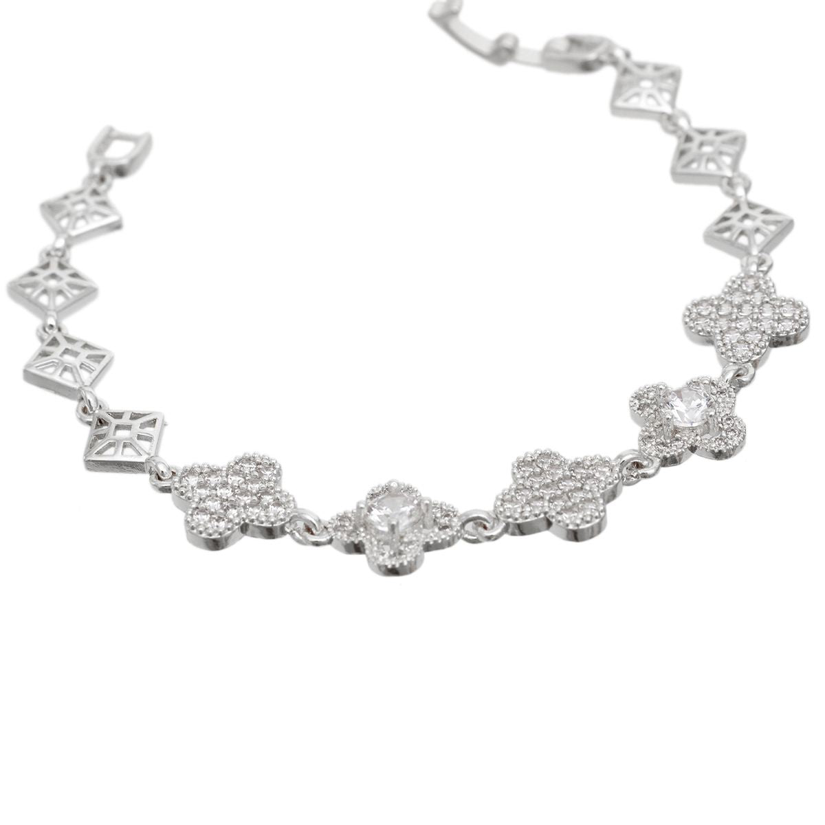 Tennis Bracelet Silver Brass CZ Clover Link Chain