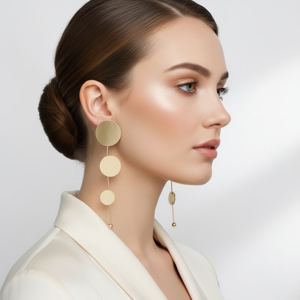 Dangle Graduated Curved Gold Disc Long Earrings