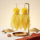 Yellow Beaded Cluster Long Feather Drop Earrings