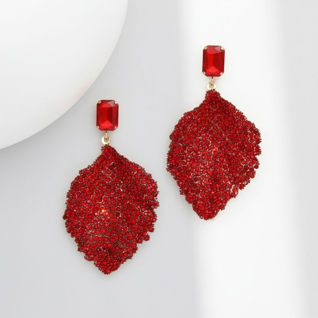 Drop Red Rhinestone Encrusted Leaf Earrings