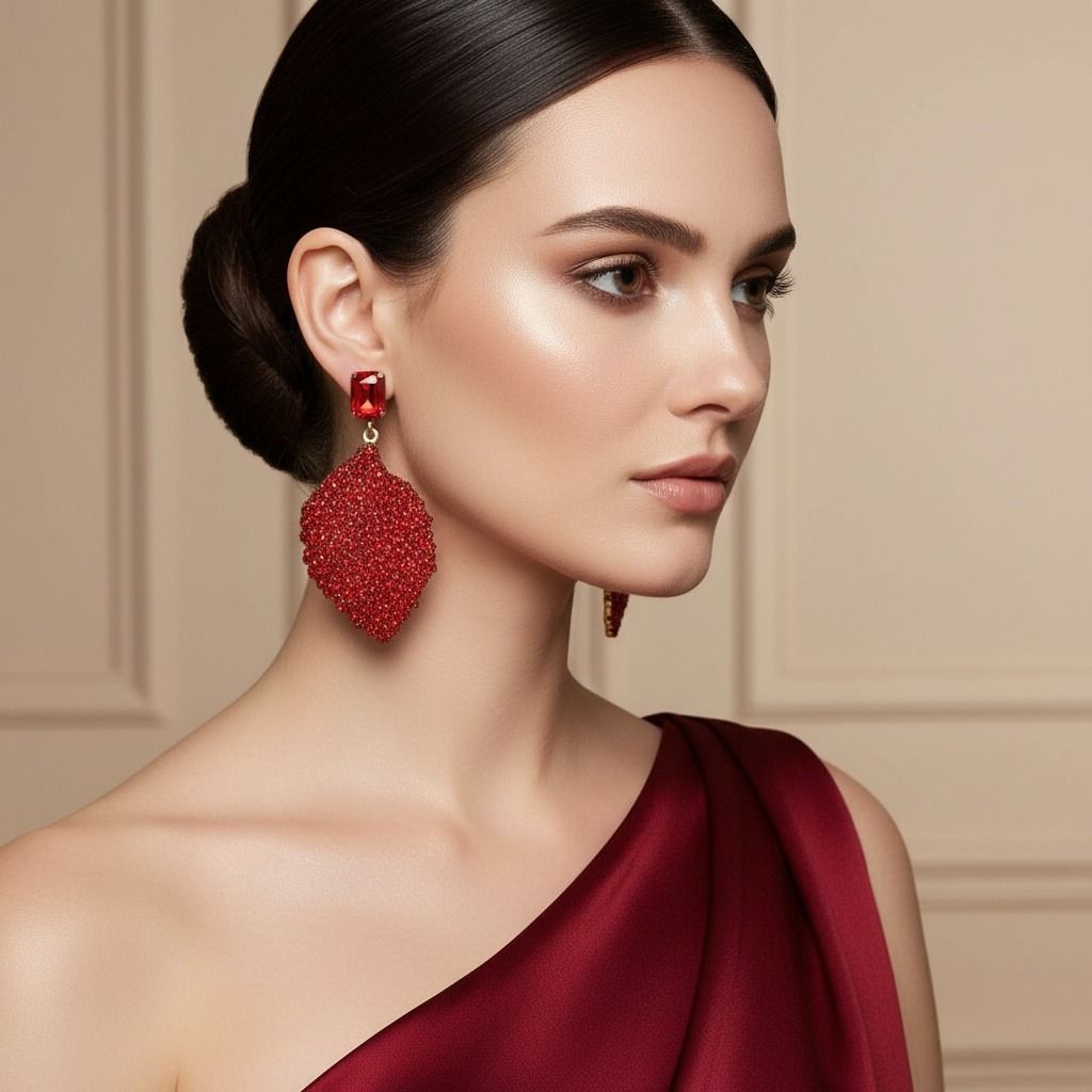 Drop Red Rhinestone Encrusted Leaf Earrings