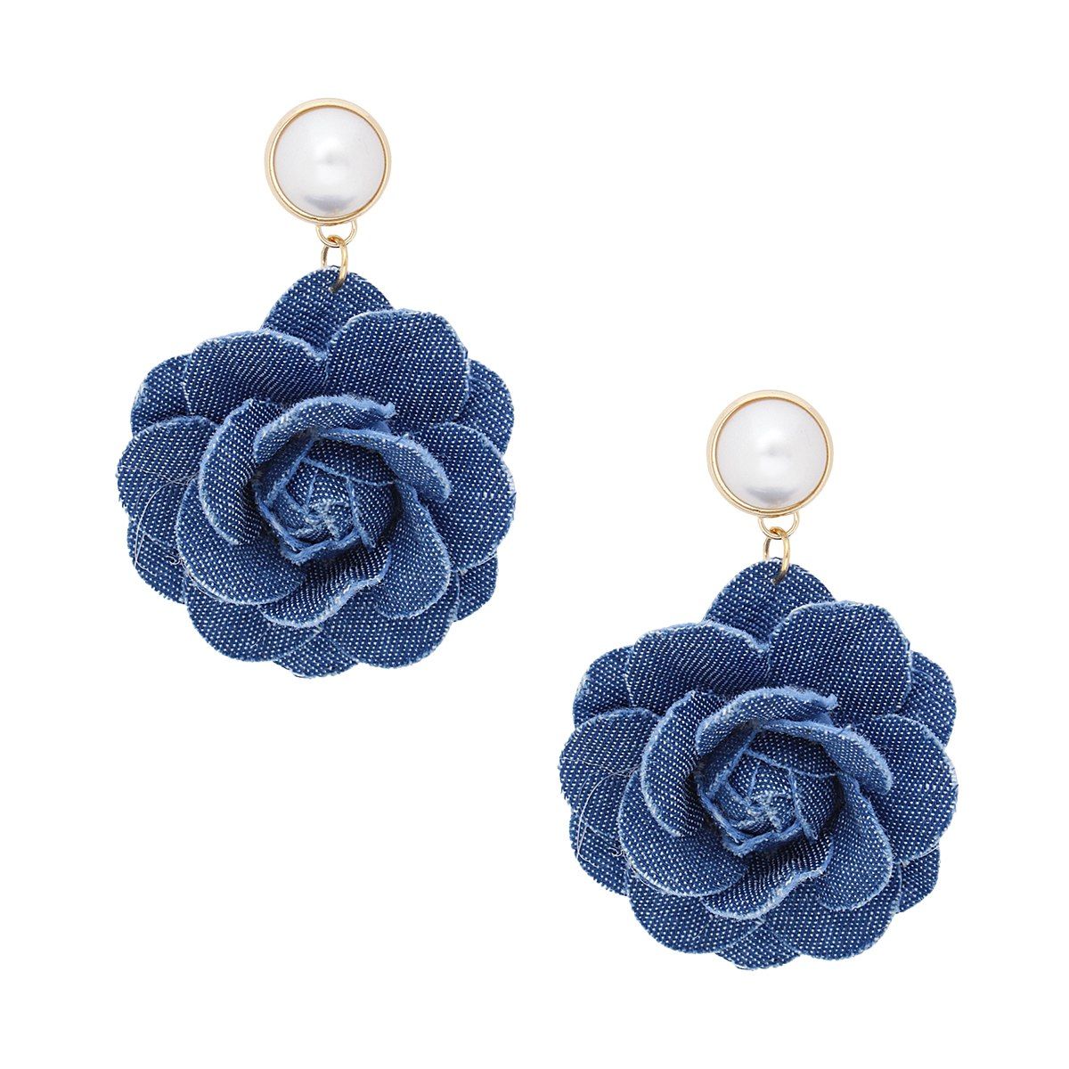 Drop Denim Dimensional Flower Pearl Earrings