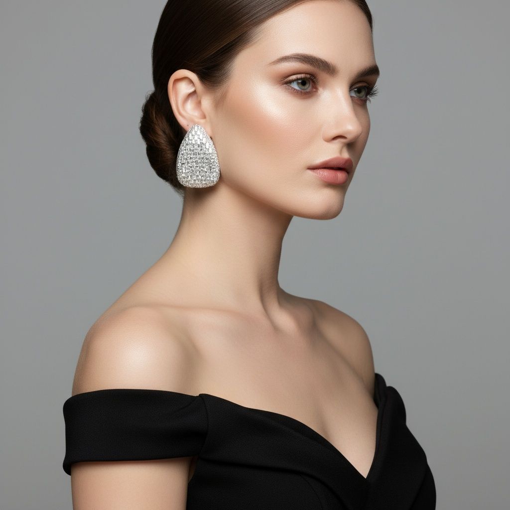 Stud Oversized Domed Teardrop Silver Stone Earrings