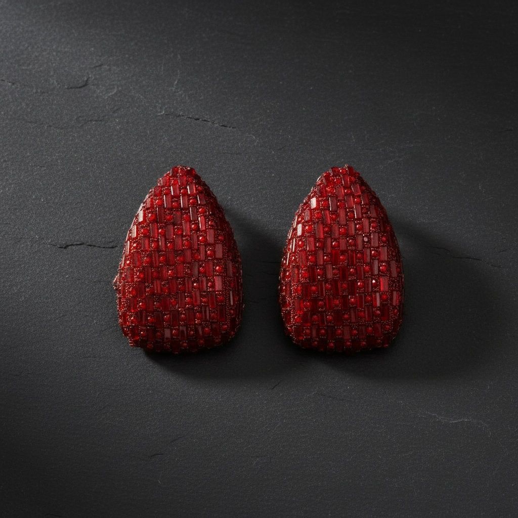 Stud Oversized Domed Teardrop Red Stone Earrings
