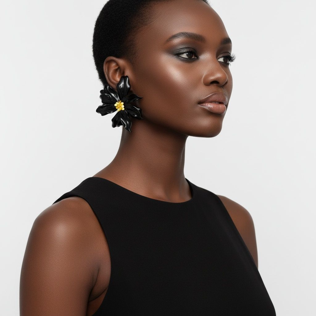 Stud Black Flower Oversized Wavy Petal Earrings