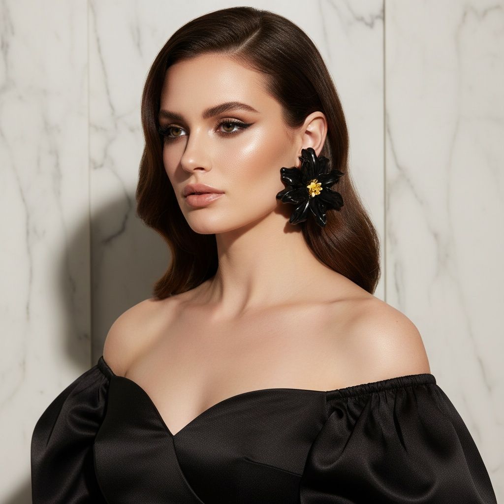 Stud Black Flower Oversized Wavy Petal Earrings
