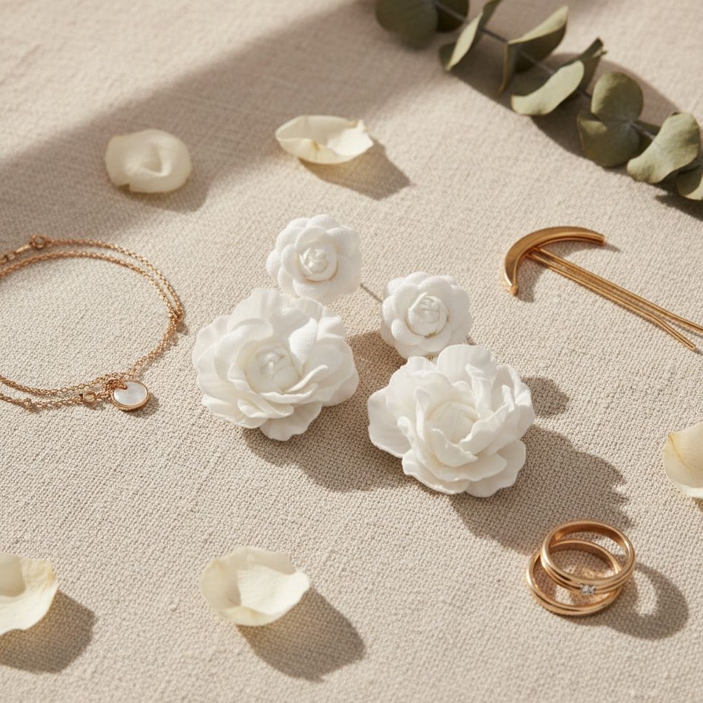 Drop White Double Rose Flower Felt Petal Earrings