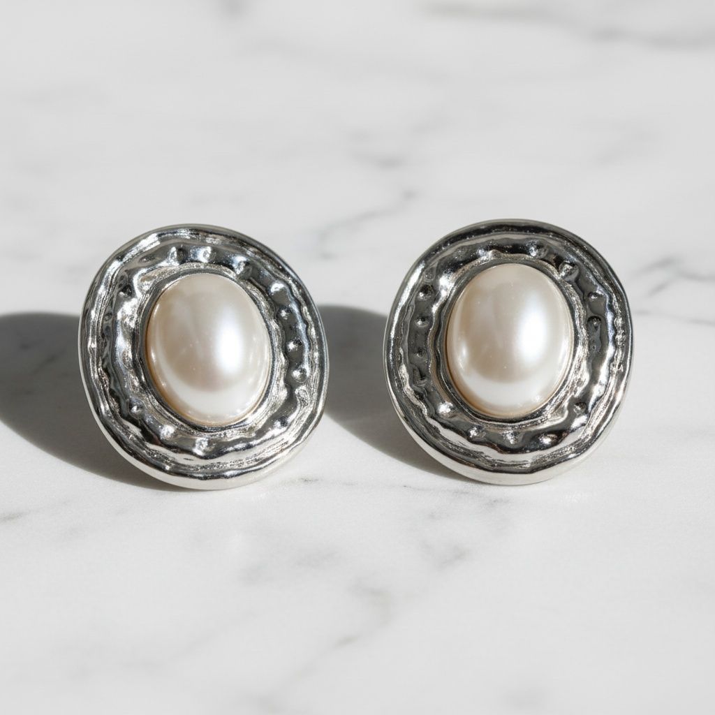 Clip On Organic Silver Oval White Pearl Earrings