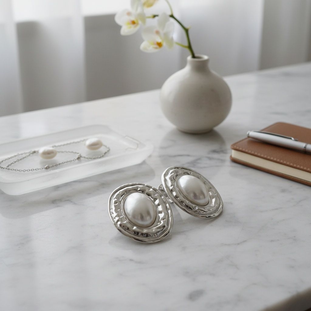 Clip On Organic Silver Oval White Pearl Earrings