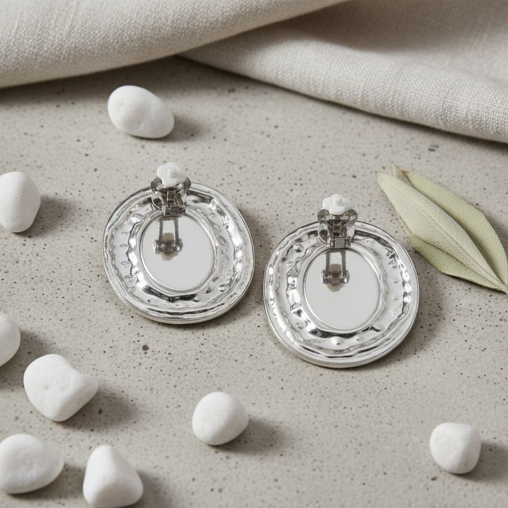 Clip On Organic Silver Oval White Pearl Earrings