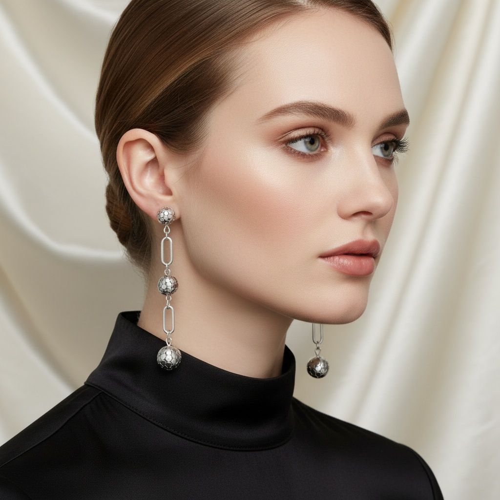 Dangle Silver Linked Mesh Ball Long Drop Earrings