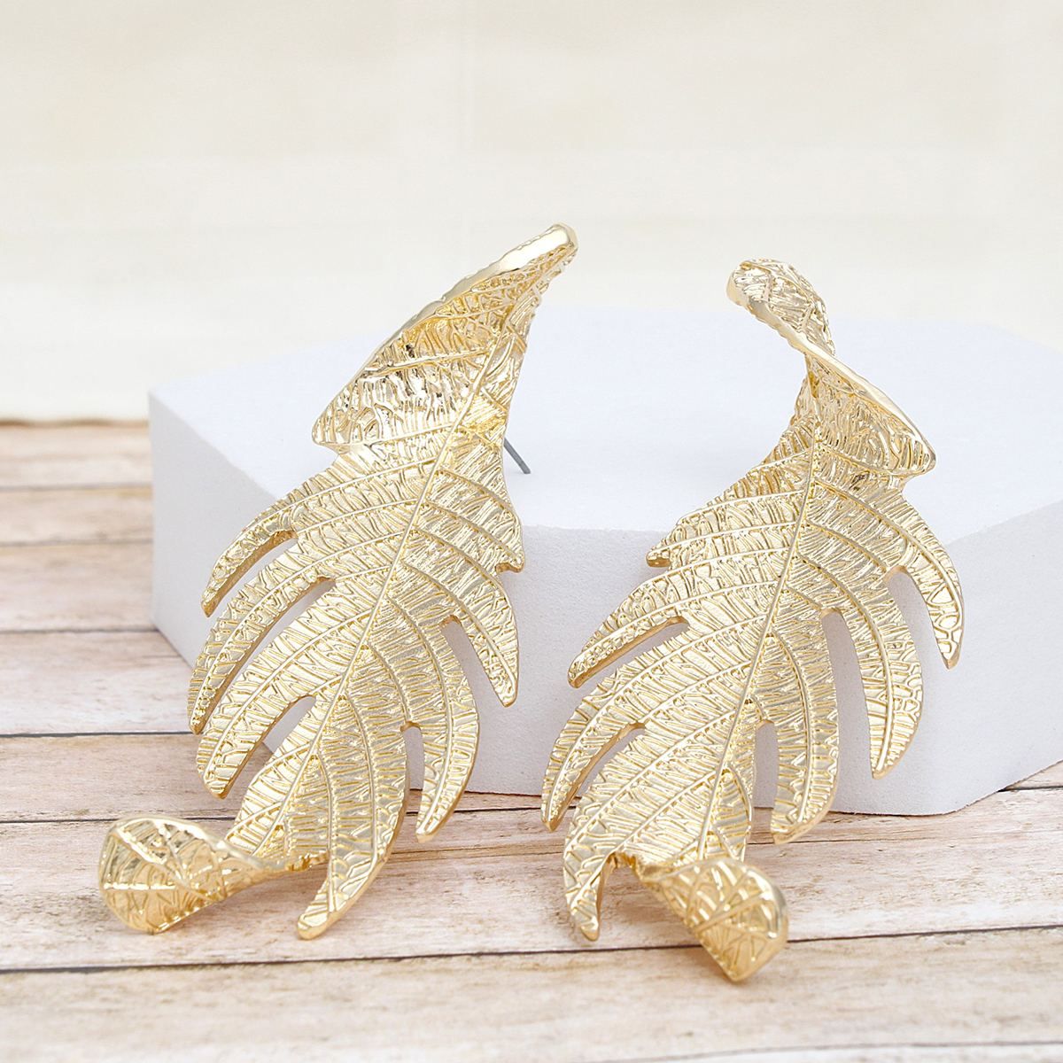 Stud Elongated Gold Twisted Leaf Organic Earrings