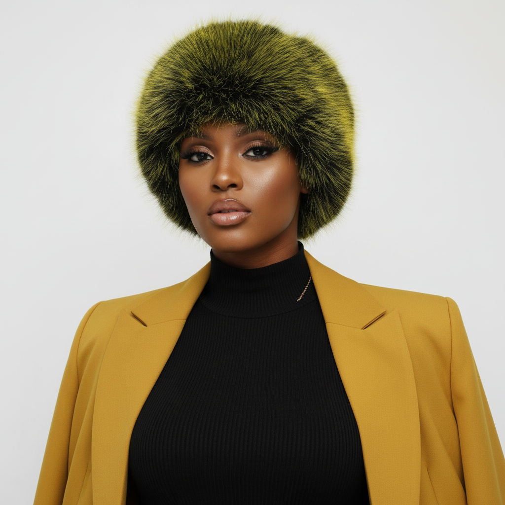 Hat Luxe Faux Fur Yellow Kubanka Winter Cap Women