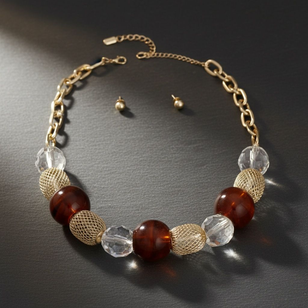 Chunky Marbled Brown and Mixed Bead Necklace