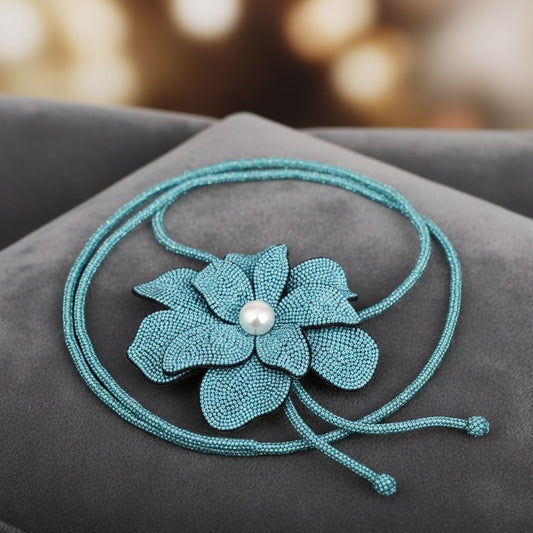 Long Y Brilliant Turquoise Blooming Flower Necklace