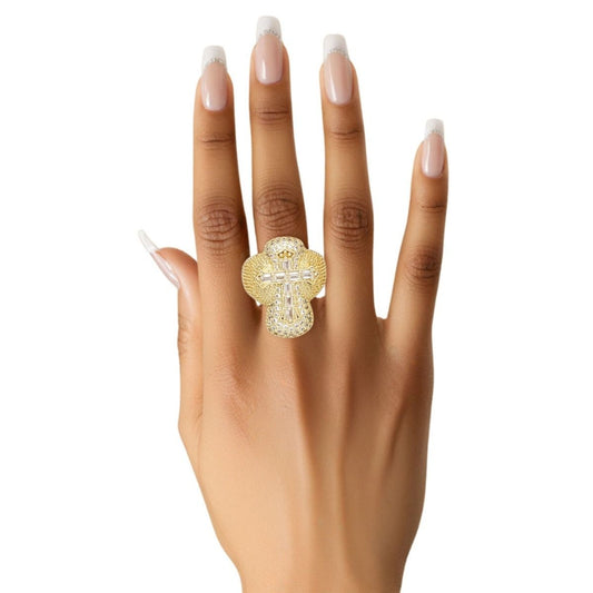 Cocktail Artisan Luxe Gold Brass CZ Cross Ring