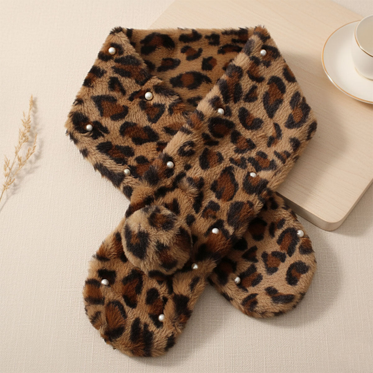 Scarf Luxe Faux Fur Leopard and Pearl Pull Thru