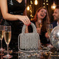 Top Handle Silver Bead Woven Mini Fringe Handbag